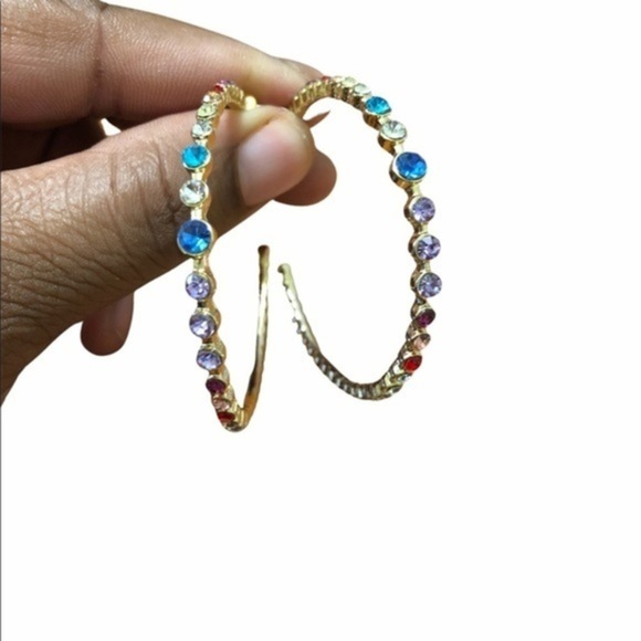 Women’s Big Hoop Rainbow Gem Earrings Gold Plated - Picture 1 of 5